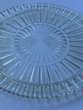 Vintage Clear Pressed Glass Cake Plate Platter Sunburst Ribbed Pattern